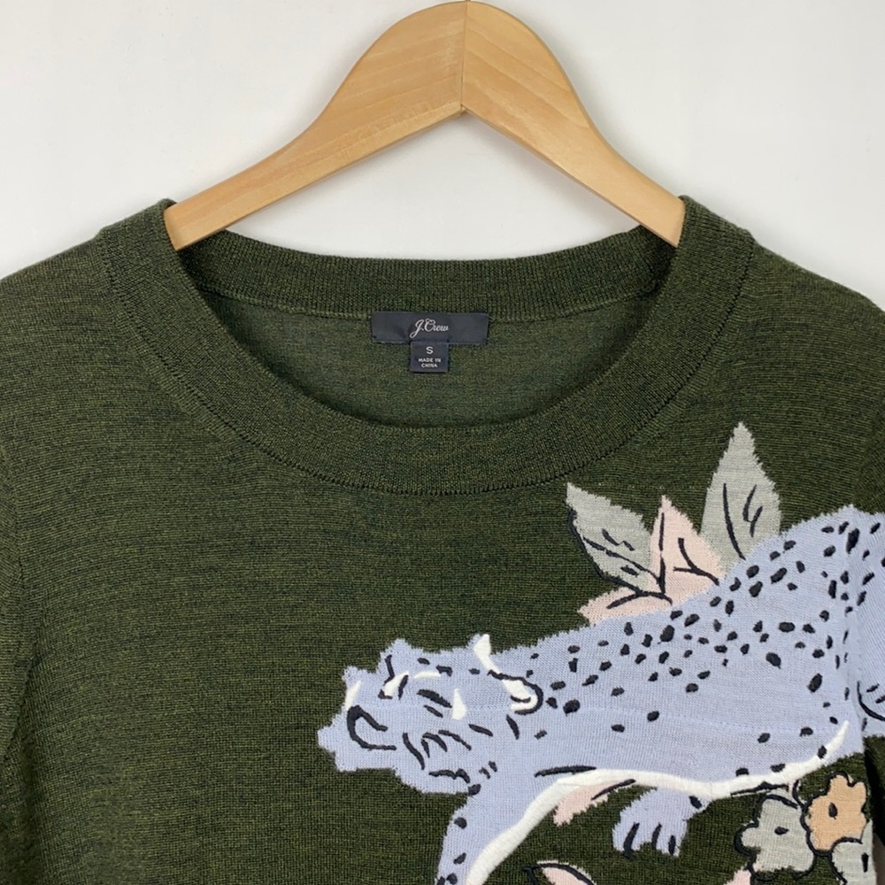 J.Crew S Tippi Sweater Intarsia Cheetah Dark Moss Green